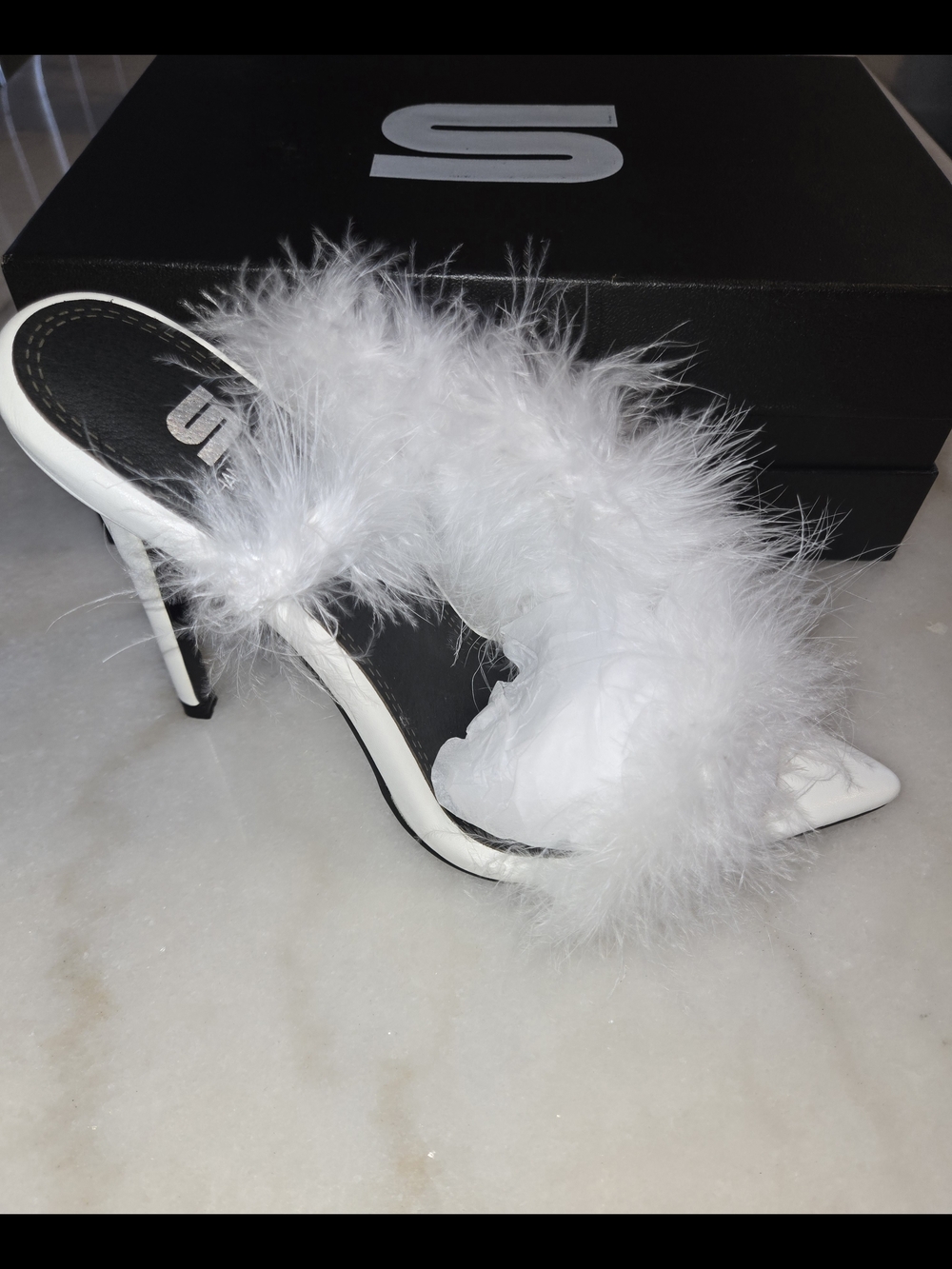 White Feather Trim Stiletto Mule - Women's Glam Heels